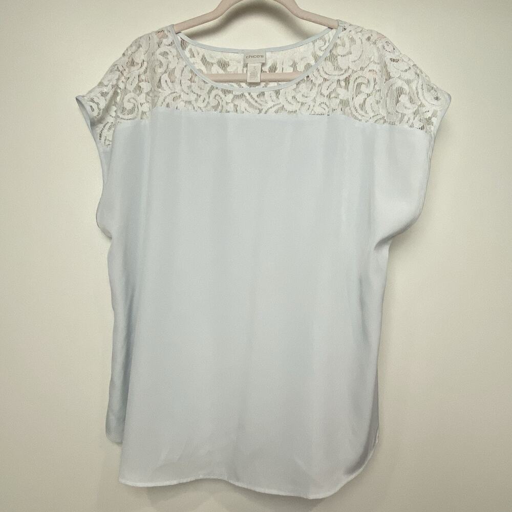 Chico's Women's Sz 3 (~ XL or 16) Pale Blue w/ White Lace Shoulder & Cap Sleeve